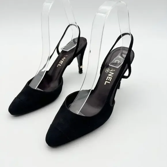 Chanel Slingback Heels 36.5 Black Suede Gold Cap Toe Vintage CC Logo Block Heel - Picture 8 of 9
